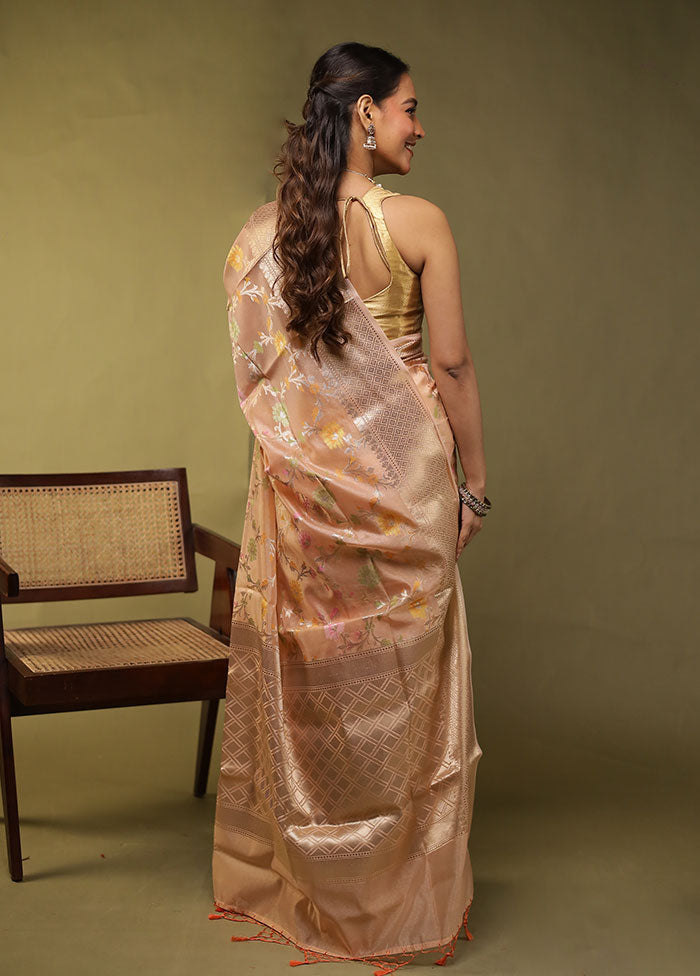 Peach Kora Silk Saree With Blouse Piece