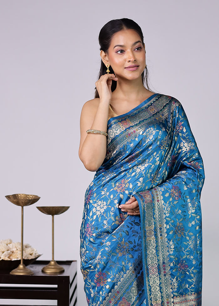 Blue Dupion Silk Saree With Blouse Piece