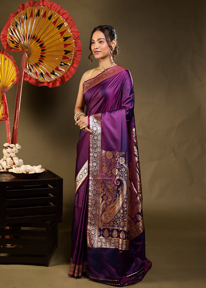 Purple Banarasi Silk Saree With Blouse Piece