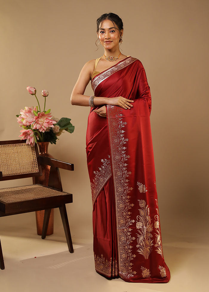 Maroon Banarasi Silk Saree With Blouse Piece