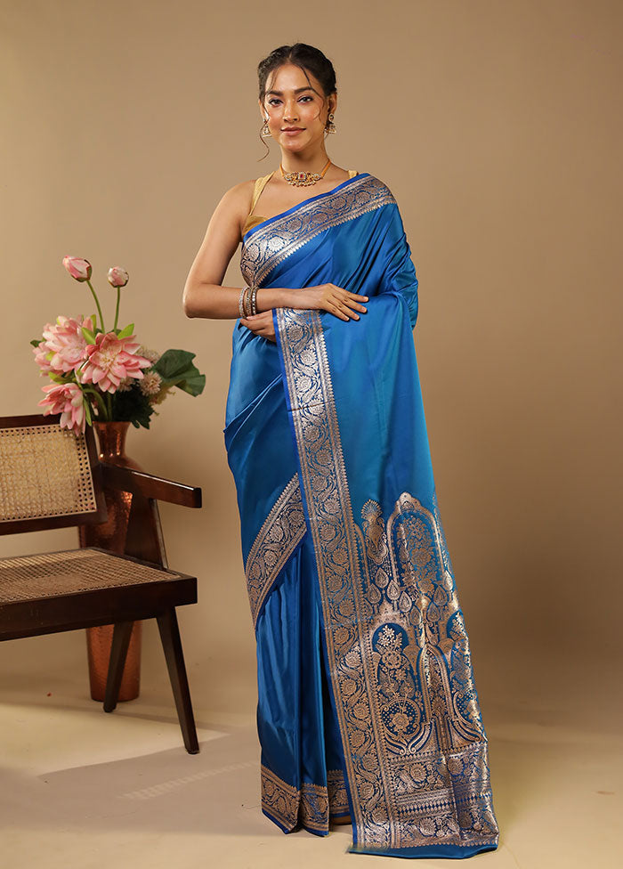 Blue Banarasi Silk Saree With Blouse Piece