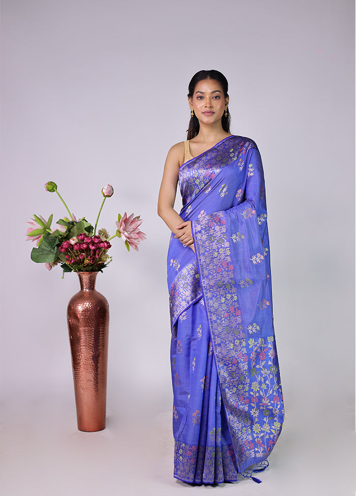 Blue Dupion Silk Saree With Blouse Piece