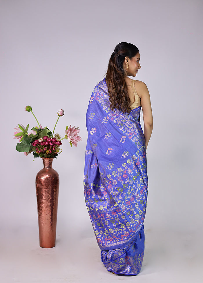 Blue Dupion Silk Saree With Blouse Piece