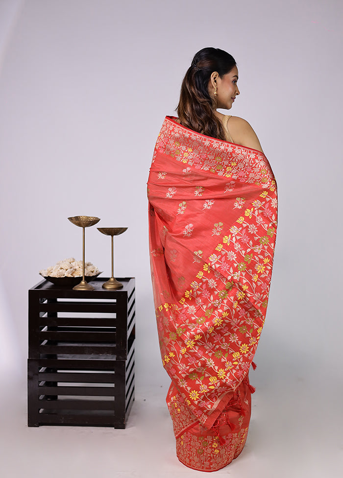 Red Dupion Silk Saree With Blouse Piece