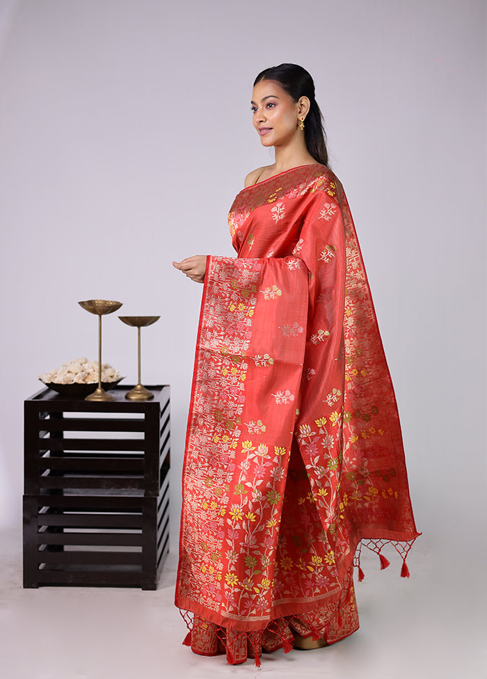 Red Dupion Silk Saree With Blouse Piece