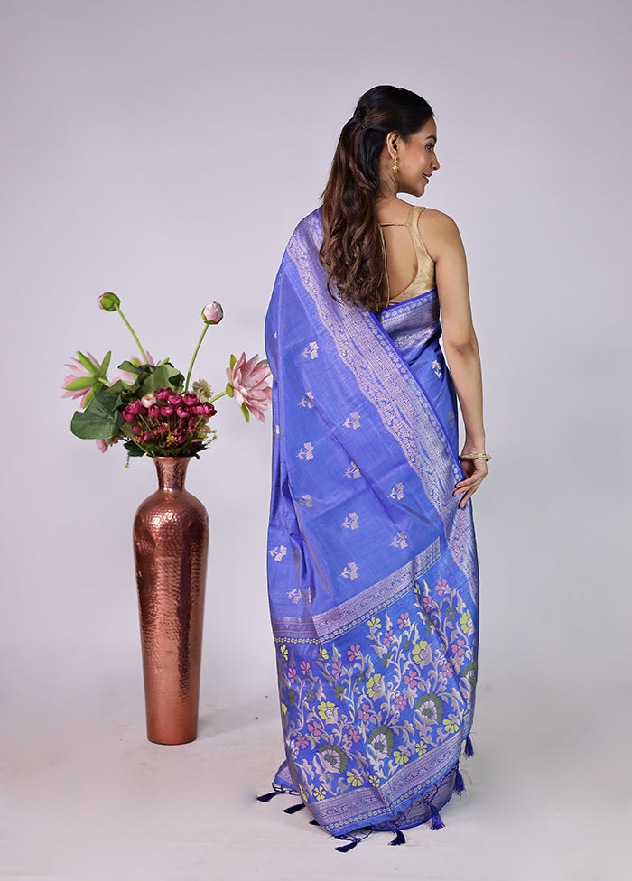 Blue Dupion Silk Saree With Blouse Piece