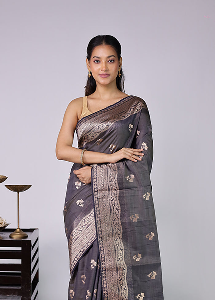 Grey Dupion Silk Saree With Blouse Piece