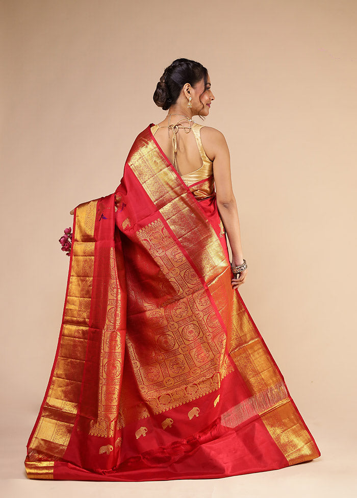 Red Handloom Kanchipuram Pure Silk Saree With Blouse Piece