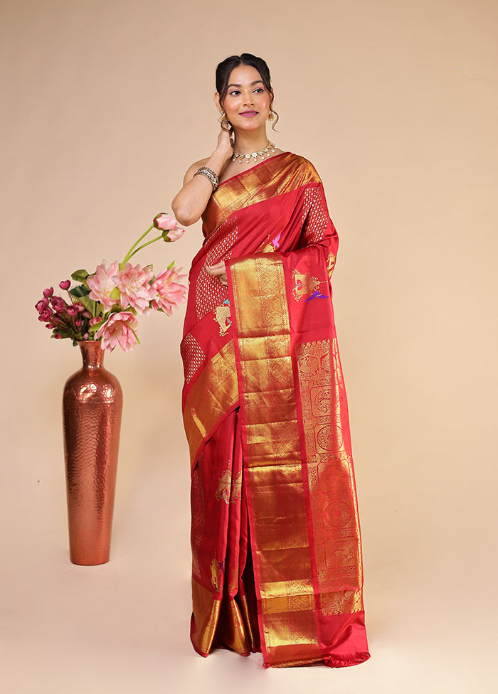 Red Handloom Kanchipuram Pure Silk Saree With Blouse Piece