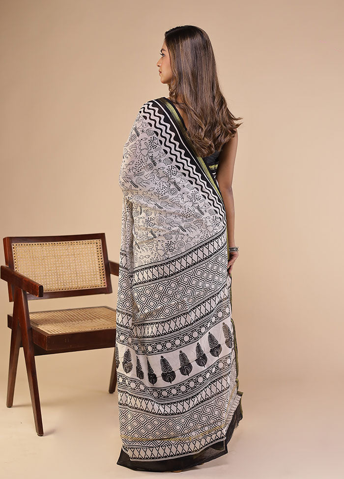 White Chanderi Silk Saree With Blouse Piece