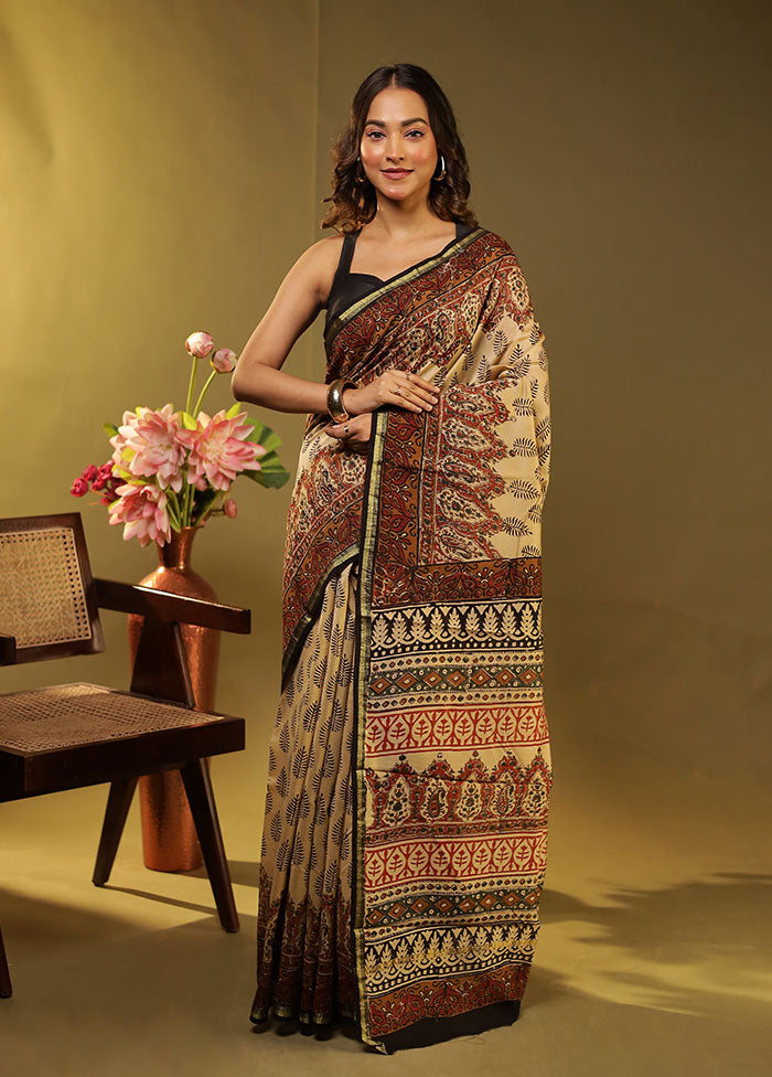 Cream Chanderi Silk Saree With Blouse Piece