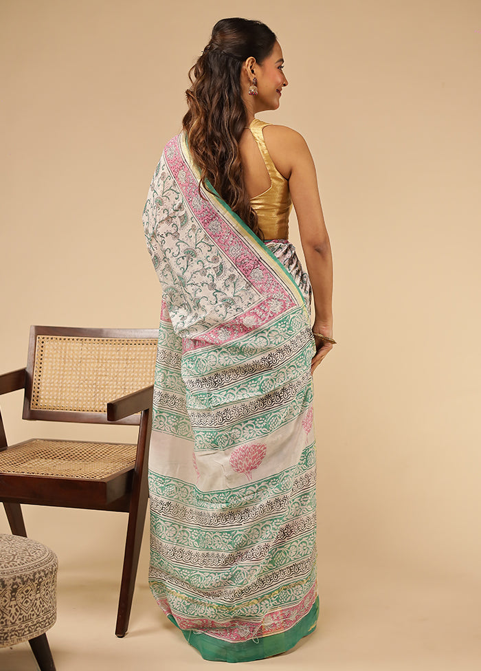 White Chanderi Silk Saree With Blouse Piece