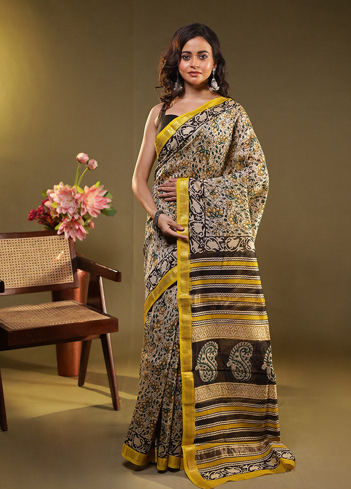 Cream Chanderi Silk Saree With Blouse Piece