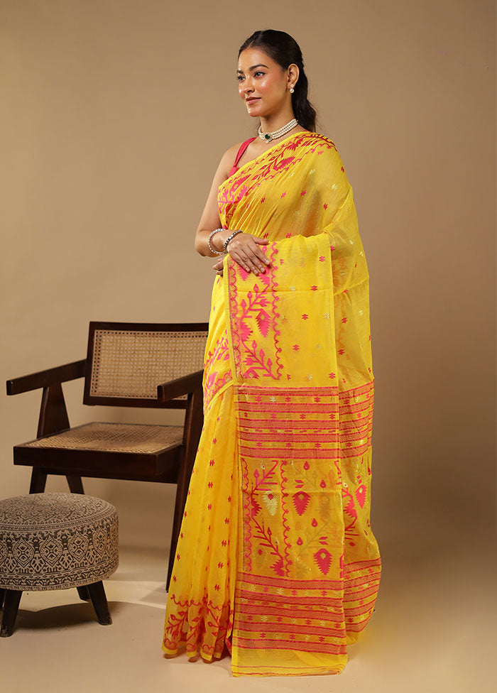 Yellow Jamdani Cotton Saree With Blouse Piece