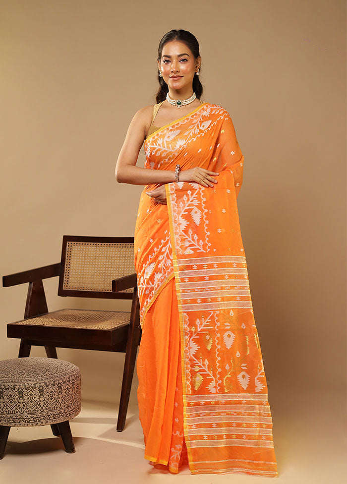 Orange Jamdani Cotton Saree Without Blouse Piece