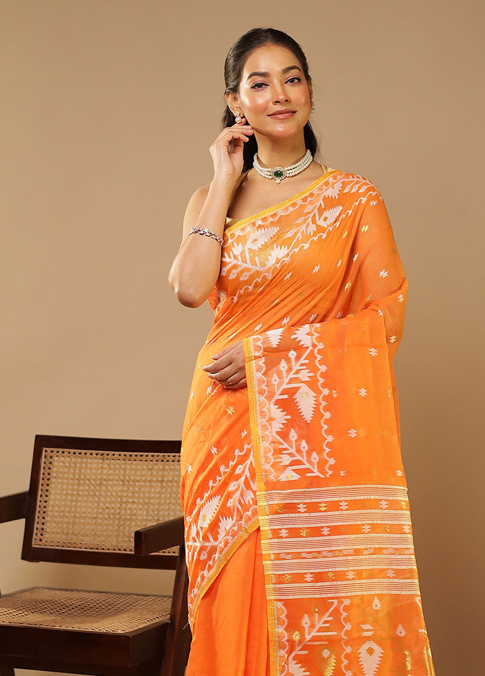 Orange Jamdani Cotton Saree Without Blouse Piece