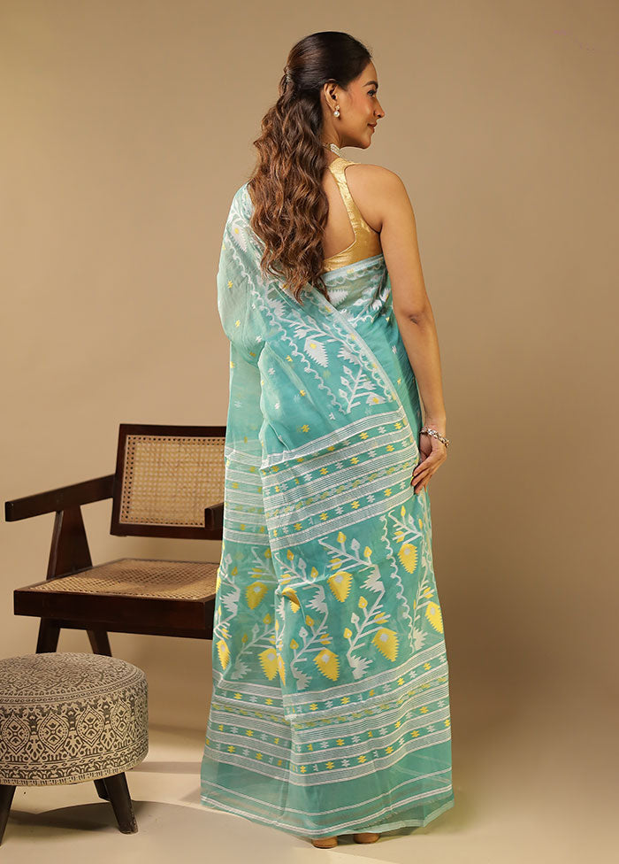 Blue Jamdani Cotton Saree Without Blouse Piece