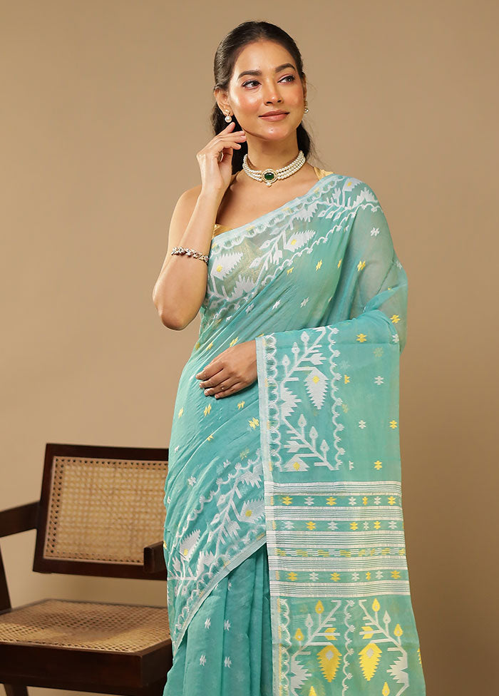 Blue Jamdani Cotton Saree Without Blouse Piece