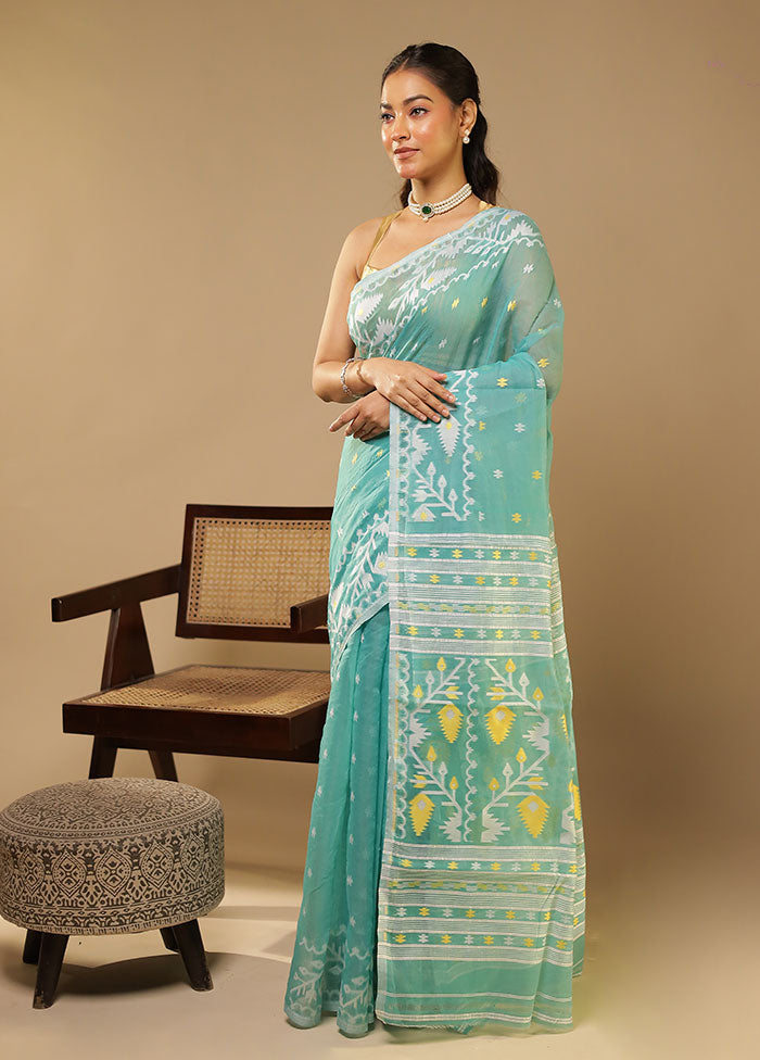 Blue Jamdani Cotton Saree Without Blouse Piece