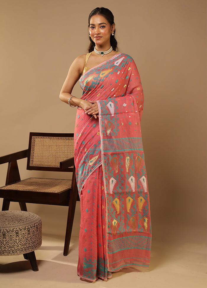 Pink Jamdani Cotton Saree Without Blouse Piece