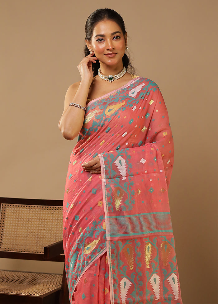 Pink Jamdani Cotton Saree Without Blouse Piece