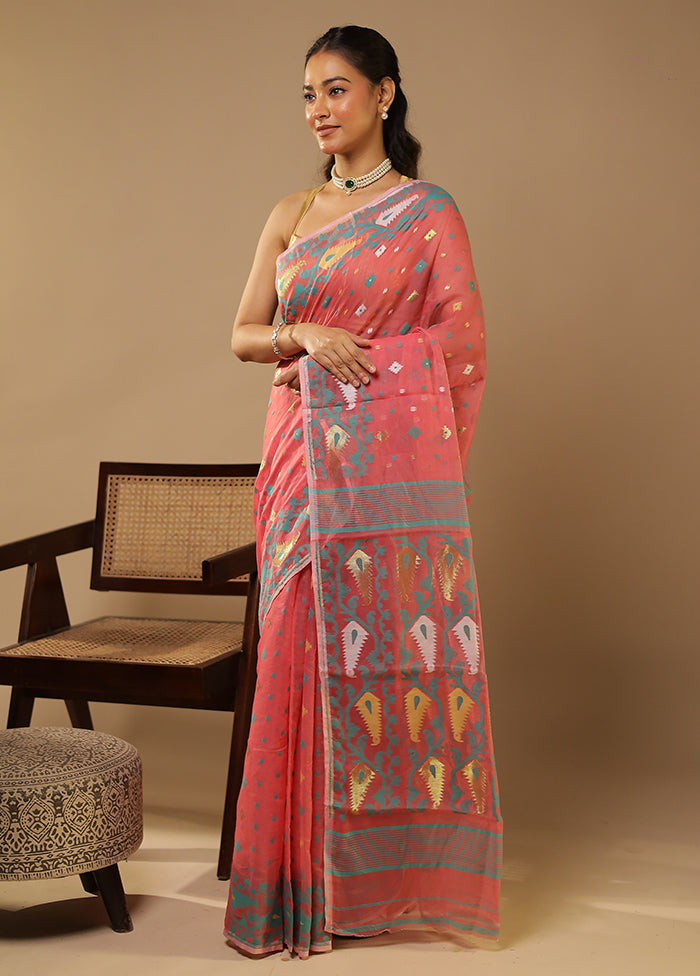 Pink Jamdani Cotton Saree Without Blouse Piece