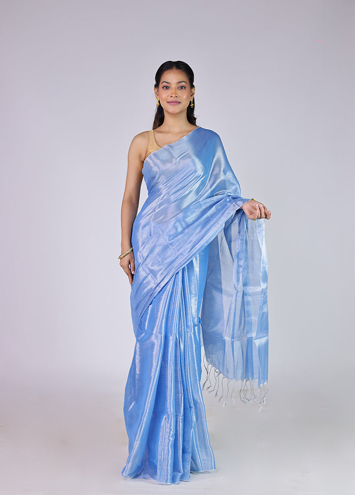 Blue Tissue Silk Saree With Blouse Piece