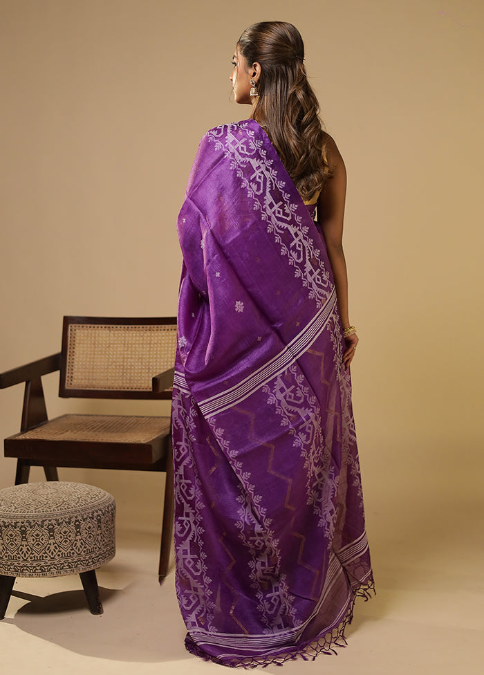 Purple Handloom Tussar Pure Silk Saree With Blouse Piece