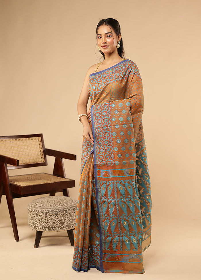 Blue Khadi Cotton Saree Without Blouse Piece