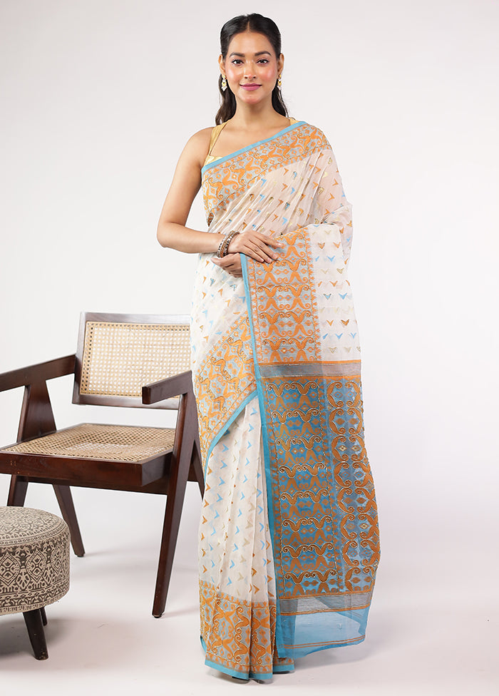 Blue Khadi Cotton Saree With Blouse Piece