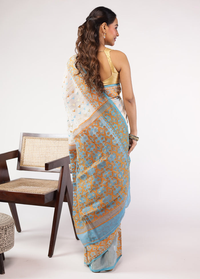 Blue Khadi Cotton Saree With Blouse Piece