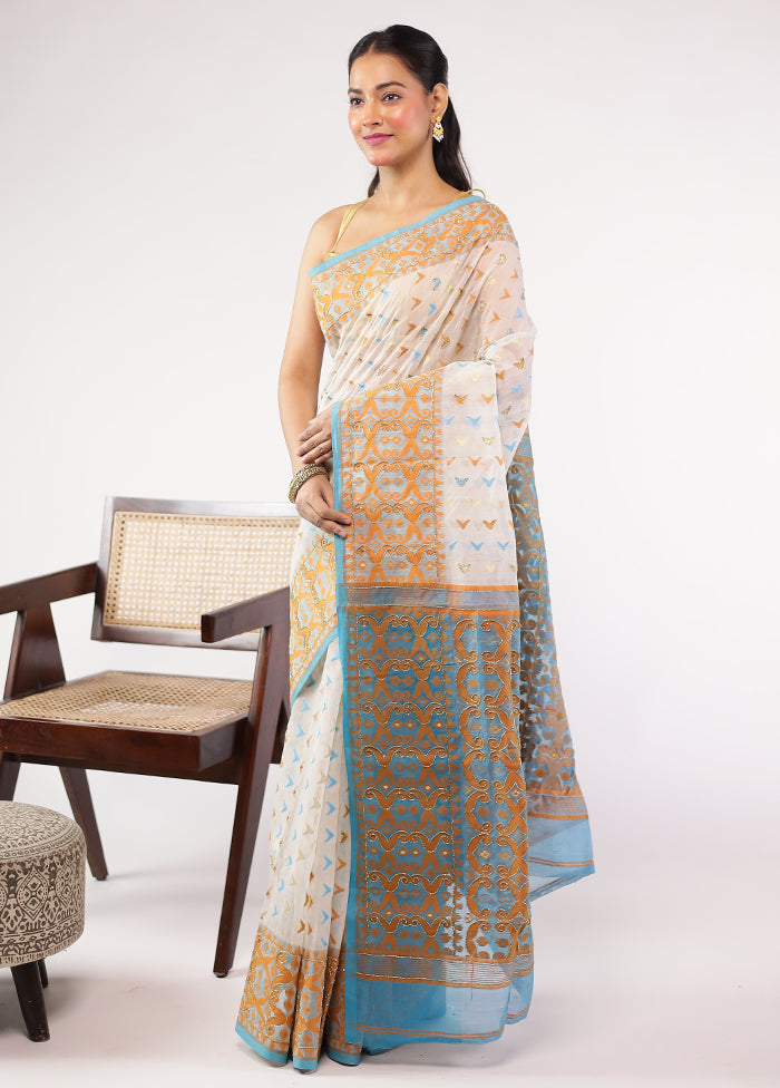 Blue Khadi Cotton Saree With Blouse Piece