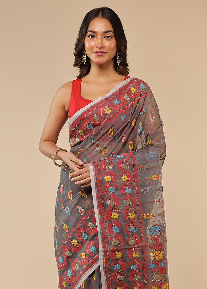 Grey Khadi Cotton Saree With Blouse Piece