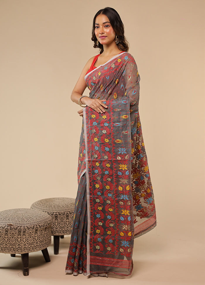 Grey Khadi Cotton Saree With Blouse Piece