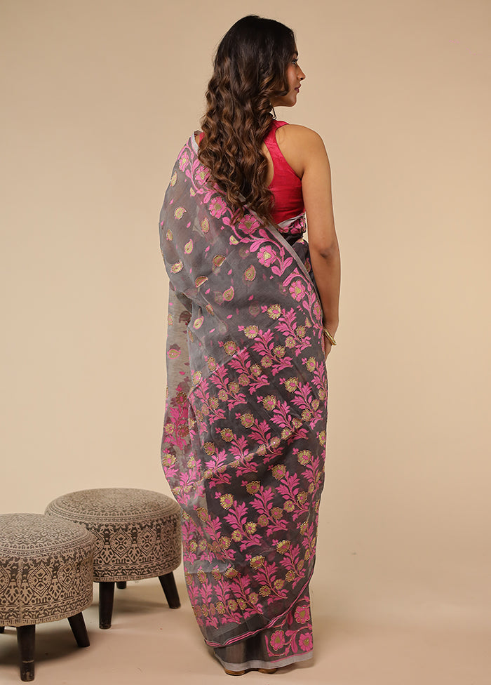 Grey Khadi Cotton Saree With Blouse Piece