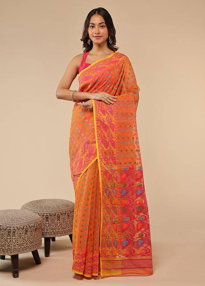 Orange Khadi Cotton Saree With Blouse Piece
