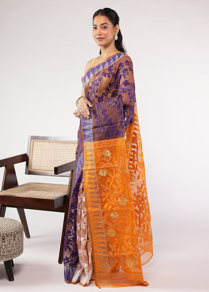 Rust Khadi Cotton Saree With Blouse Piece