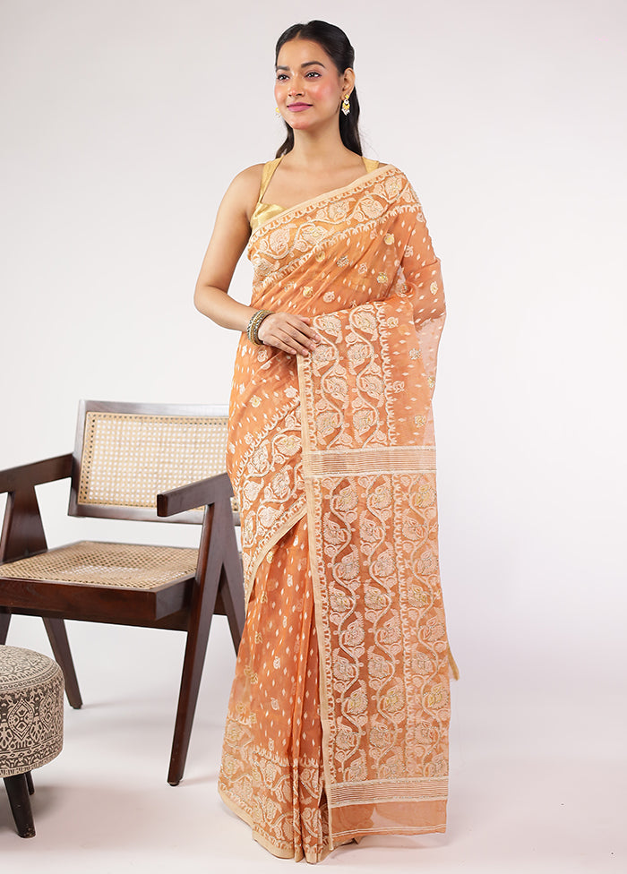 Rust Khadi Cotton Saree With Blouse Piece