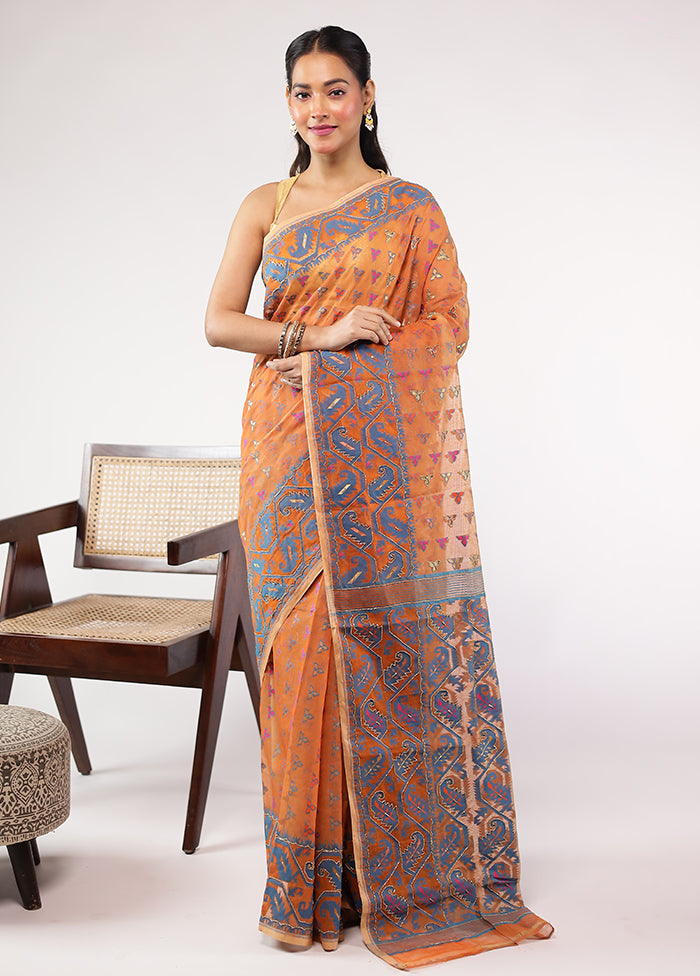 Rust Khadi Cotton Saree With Blouse Piece