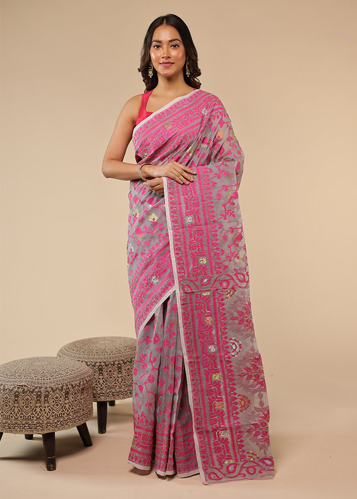 Grey Khadi Cotton Saree With Blouse Piece