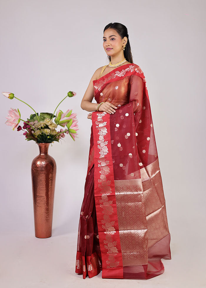 Maroon Organza Saree With Blouse Piece