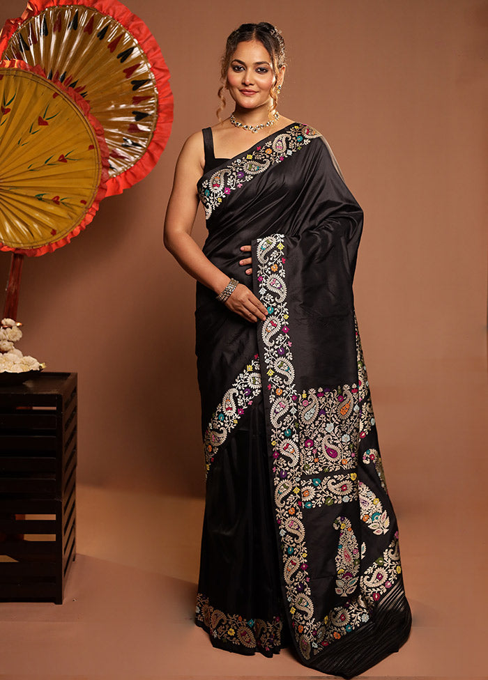 Black Handloom Katan Pure Silk Saree With Blouse Piece