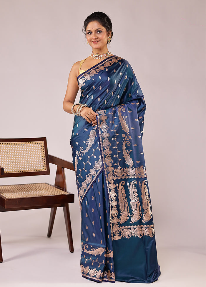 Blue Banarasi Silk Saree With Blouse Piece