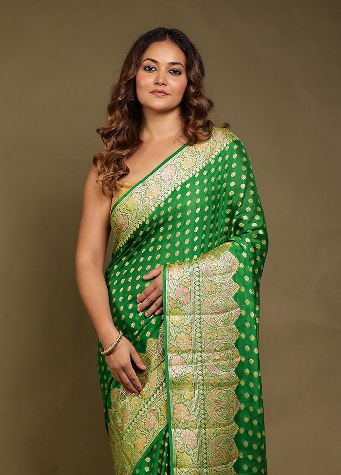 Green Handloom Pure Georgette Saree With Blouse Piece