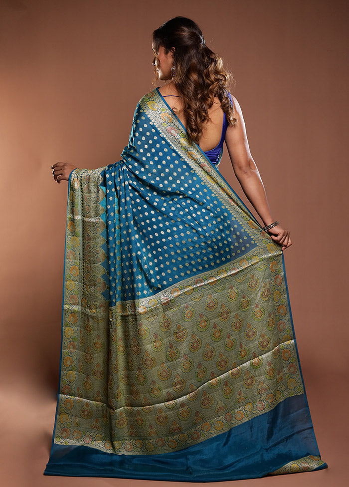 Blue Handloom Pure Georgette Saree With Blouse Piece