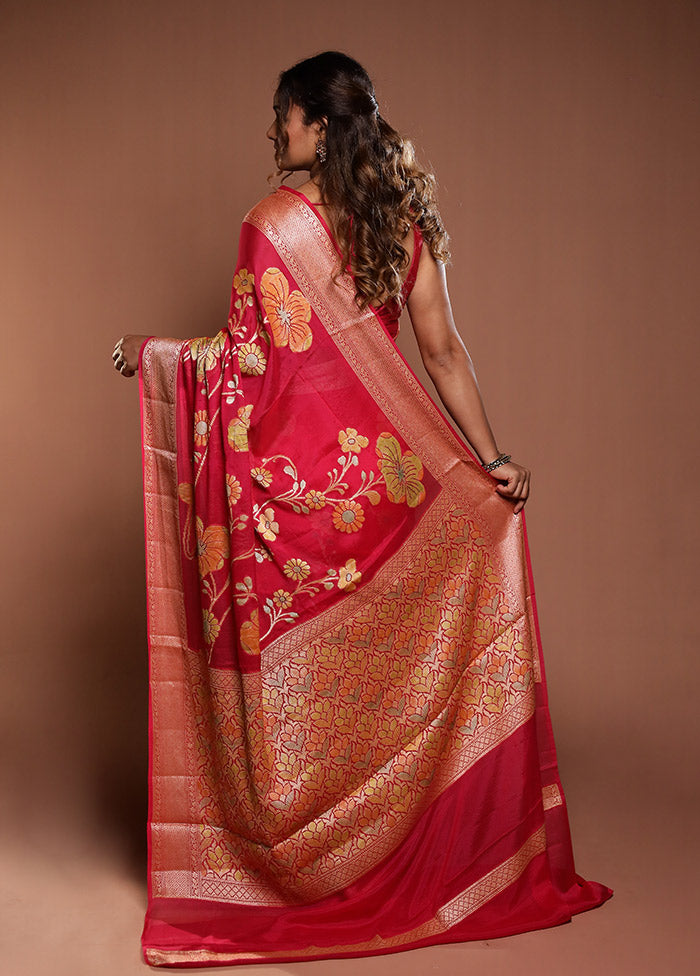Pink Handloom Pure Georgette Saree With Blouse Piece