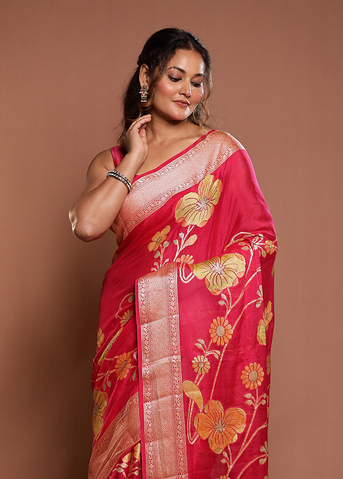 Pink Handloom Pure Georgette Saree With Blouse Piece
