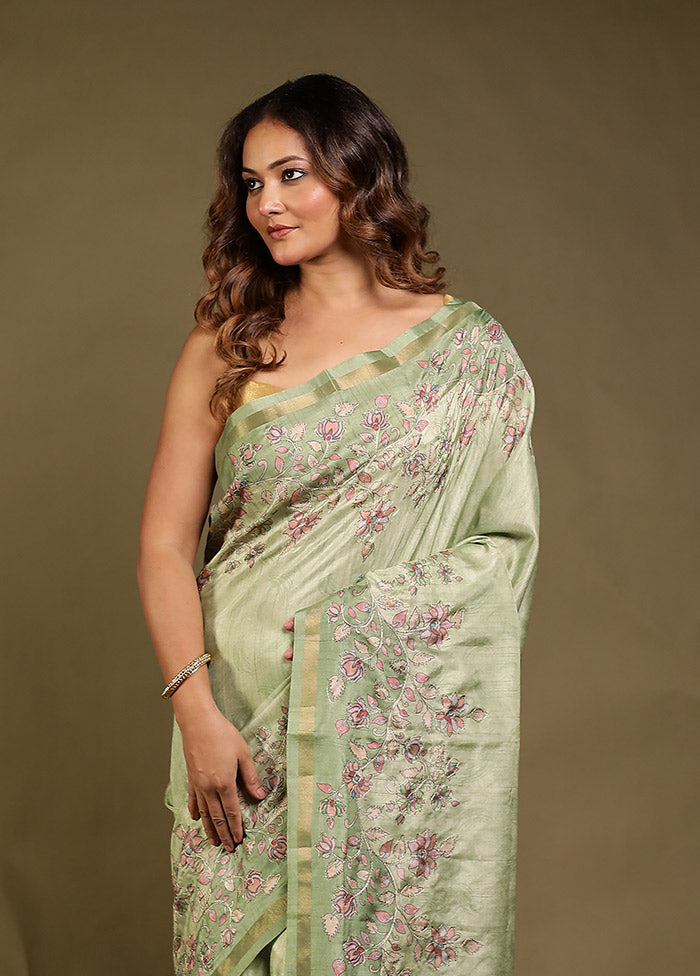 Green Tussar Silk Saree With Blouse Piece