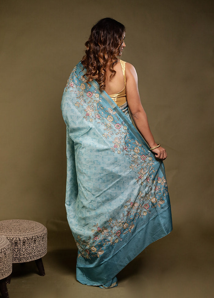 Blue Tussar Silk Saree With Blouse Piece