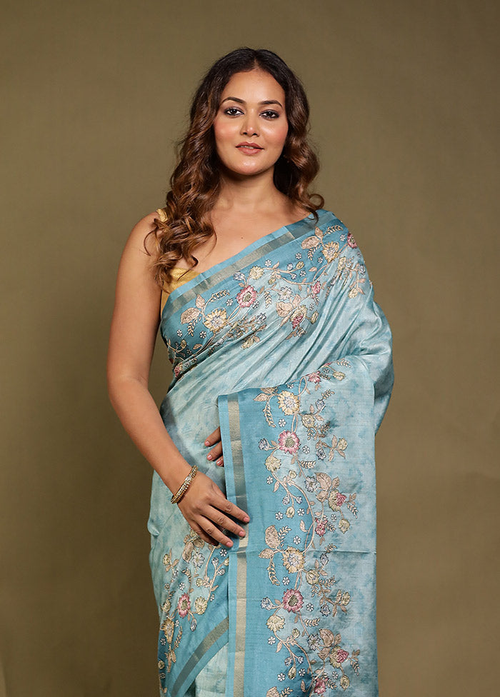 Blue Tussar Silk Saree With Blouse Piece